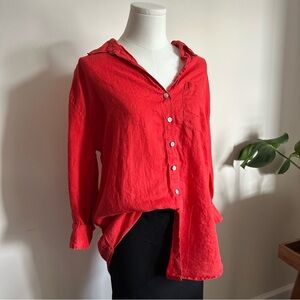 Christian Siriano 100% Linen Button-Up Shirt - Red - Size S (oversized)